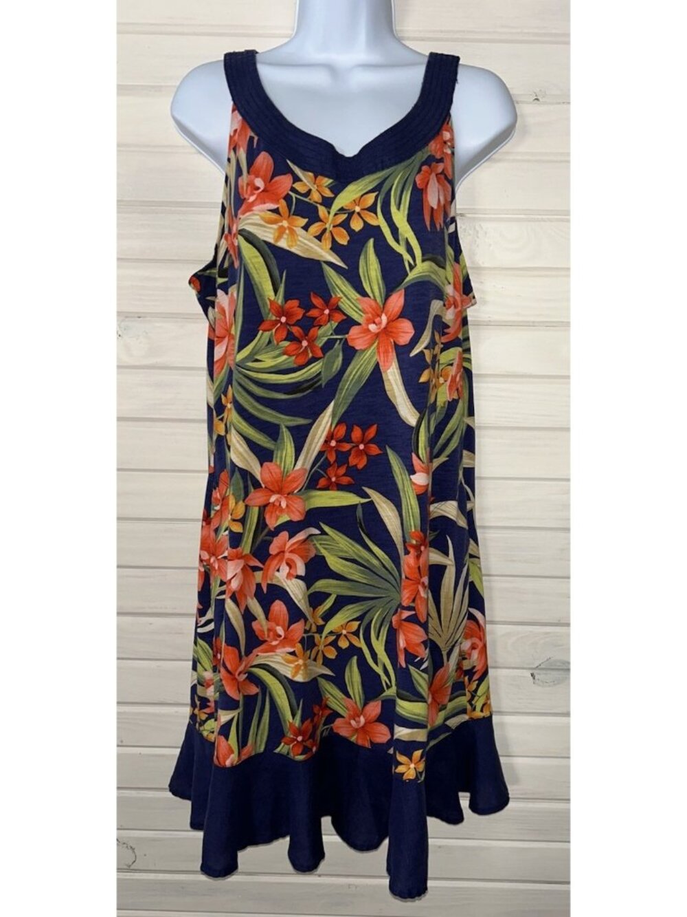 Tommy Bahama Sz LARGE Marina Calli Cove Dress Blue Tropical Hawaiian Floral EUC